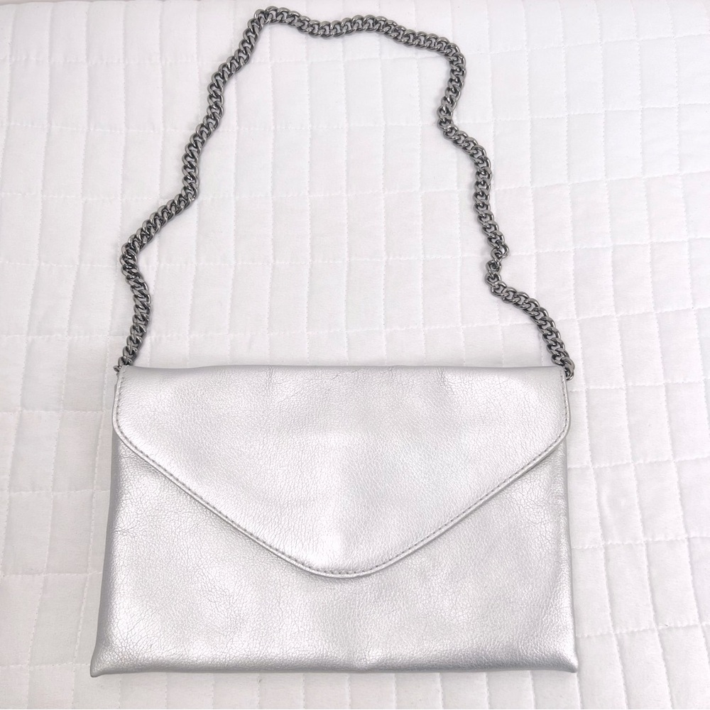 J. Crew Factory Leather Envelope Clutch Shoulder Purse in Silver